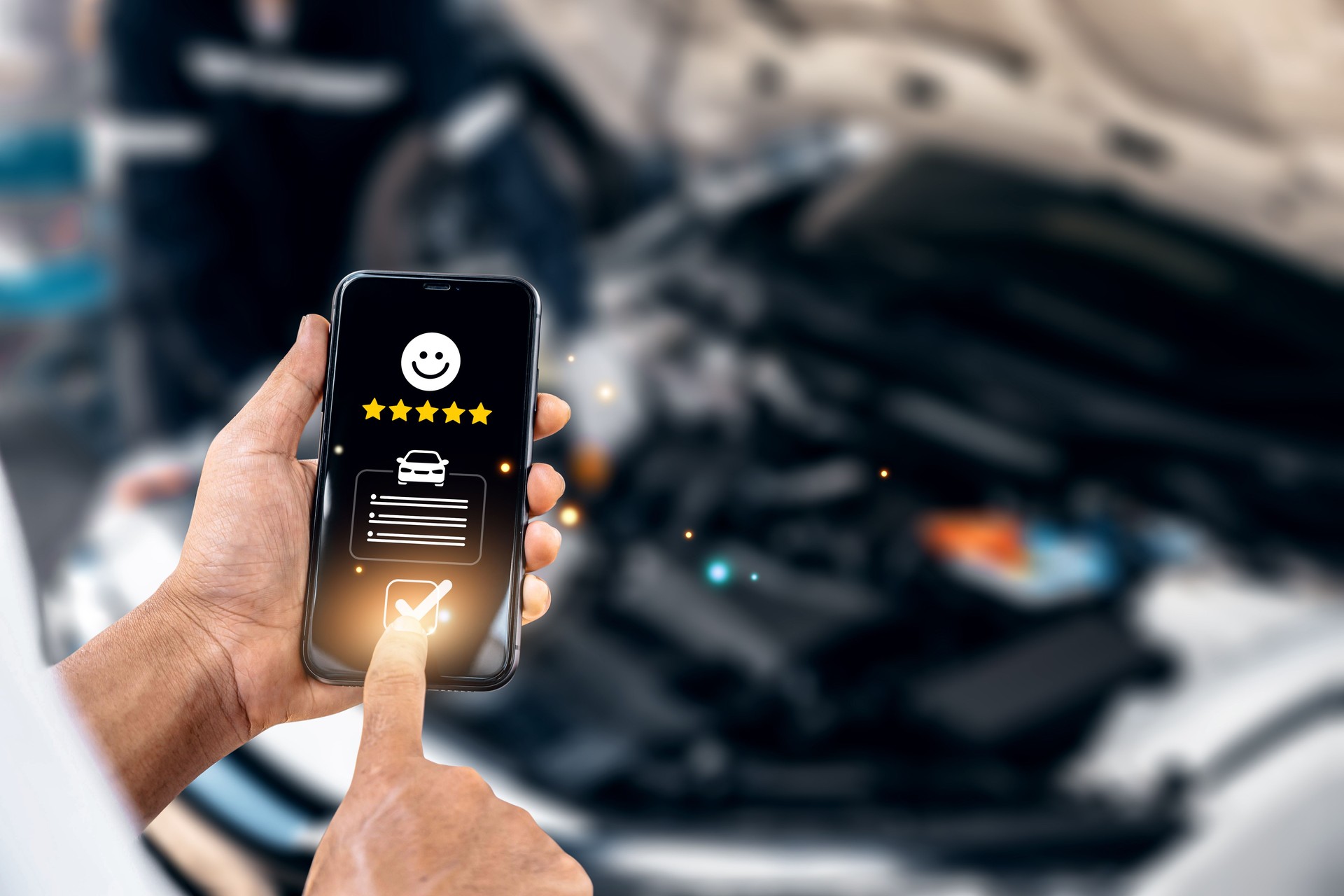 Customer satisfaction feedback survey, Male customer give rating car repair service experience.